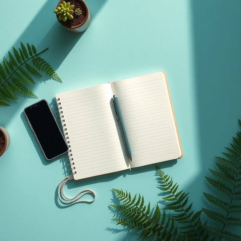 Overhead view of a clean desk with a notebook, pen, and phone