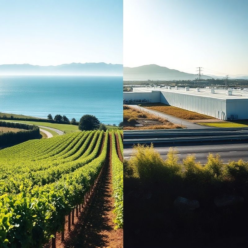 Hawke's Bay vineyard rows and a modern infrastructure facility